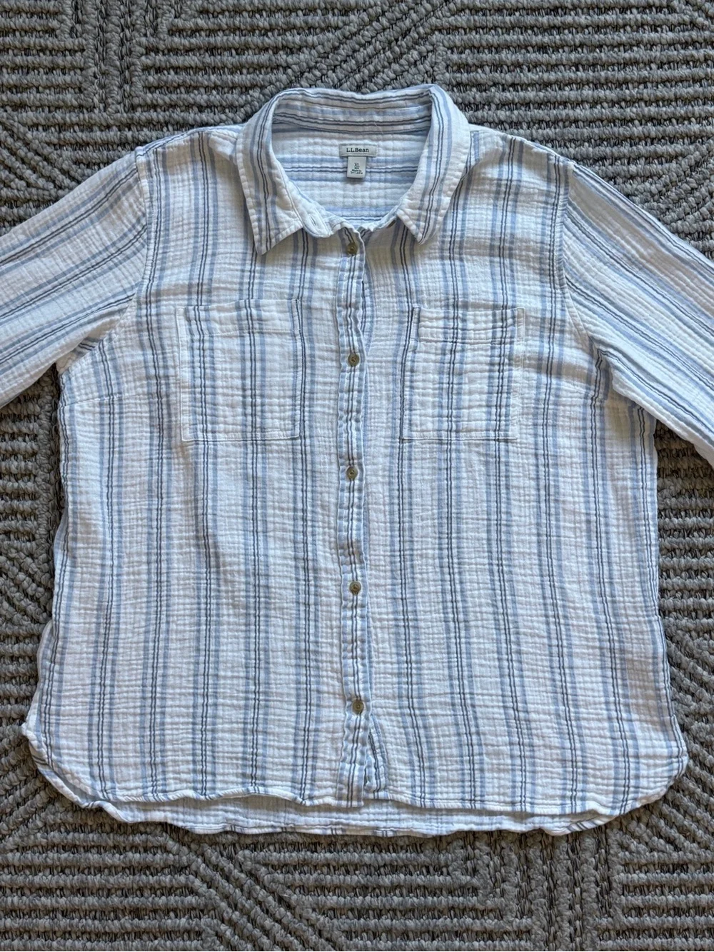 L.L. Bean White and Light Blue Striped Casual Button-Down Shirt